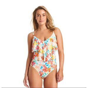 NWT ELLEN TRACY ruffled, multi colored floral swimsuit size 10